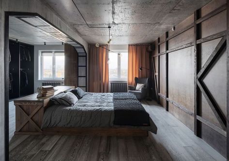 Wood Office Desk against bed in Industrial Bedrooom Decor via Igor Martin Cozy Industrial Bedroom, Bedroom Industrial Chic, Industrial Modern Bedroom, Industrial Bedroom Furniture, Industrial Decor Bedroom, Urban Interior Design, Industrial Style Bedroom, Industrial Bedroom Design, Yellow Curtains