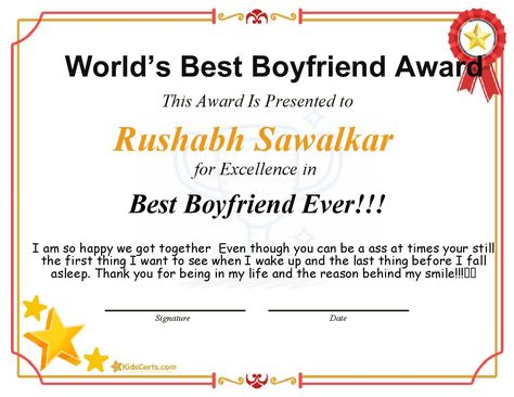 Best Boyfriend Ever!!! Best Bf Award Certificate, Best Boyfriend Certificate Template, Best Boyfriend Award Certificate, Boyfriend Certificate, Best Bf Award, Sertifikat Best Boyfriend, Best Boyfriend Award, Diy Presents For Boyfriend, Certificate Maker