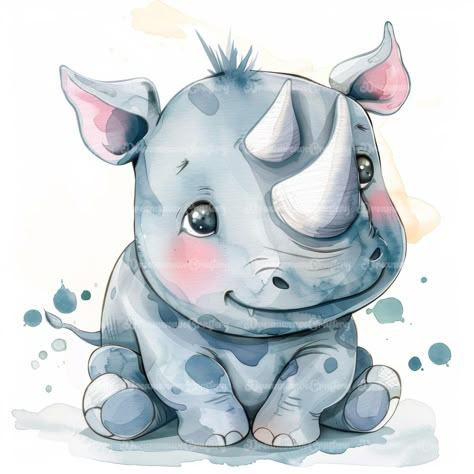 Easy Rhino Drawing, Rhino Drawing Cute, Rhino Clipart, Rhino Cartoon, Rhino Art Illustration, Rhino Watercolor, Cute Rhino, Rhino Baby, Art Papercraft