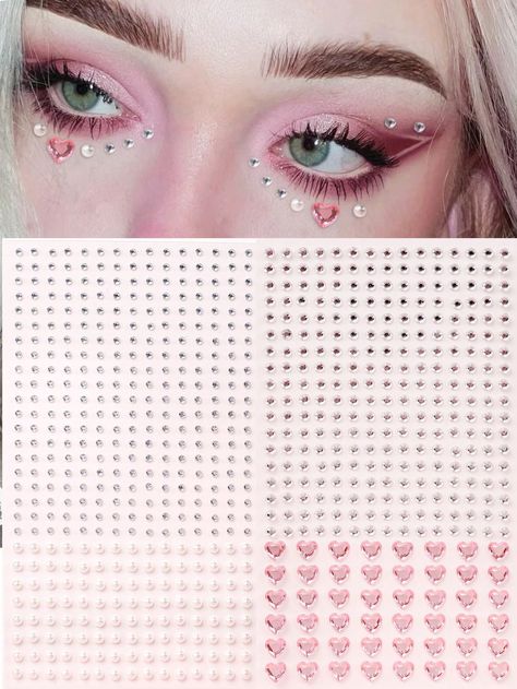 2pcs 3d Simulation Pearl & Pink Heart & Gemstone Shaped Rhinestone Sticker For Diy Makeup, Music Festival, Party Decoration Black FridayI discovered amazing products on SHEIN.com, come check them out! Face Stickers Makeup, Creepy Wedding, Music Festival Party, Gem Makeup, Diy Festival, Face Rhinestones, 3d Simulation, Face Glitter, Makeup Stickers