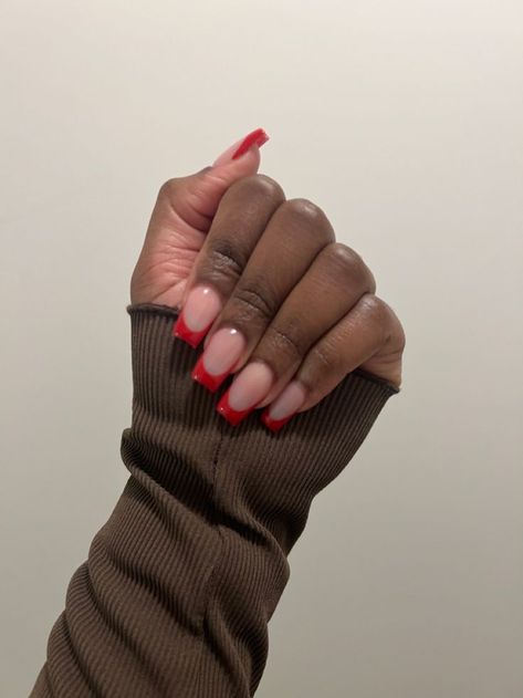 Red French Tip Black Women, Red French Tip Nails Coffin Short, Short Red Tip Acrylic Nails, Ruby Red French Tip Nails, Red Tips Short Nails, Red Colored Nails, Unique Acrylic Nails Red, Red Deep French Tip Nails, Red French Tip Nails With Initial