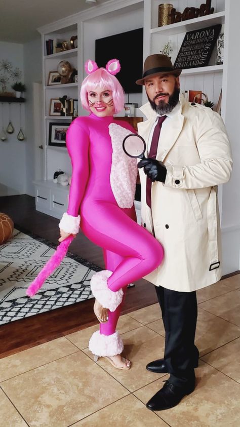 Pink Panther And Inspector Costume, Drag Halloween Costume, Pink Panther Couple Costume, Pink Panther Costume Women, Pink Panther Costume, Inspector Clouseau, Ideas Disfraz, Pink Halloween Costumes, Gangster Costumes