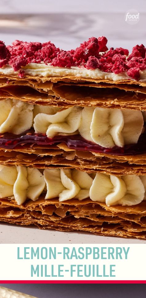 Recipe of the Day: Shortcut Lemon-Raspberry Mille-Feuille 🍋❤️ Mille-feuille, which translates as “thousand sheets” in French, is a classic French dessert that traditionally takes hours to make—so we came up with a version that produces the same showstopping layers of puff pastry and whipped cream-lightened pastry cream in about half the time. Better yet? We jazzed up the flavor profile by leaning into a classic combination: lemon and raspberry. Raspberry Mille Feuille, Puff Pastry Recipes Dessert, Lemon And Raspberry, Pastries Recipes Dessert, Classic French Desserts, Freeze Dried Raspberries, Dried Raspberries, French Dessert, French Desserts