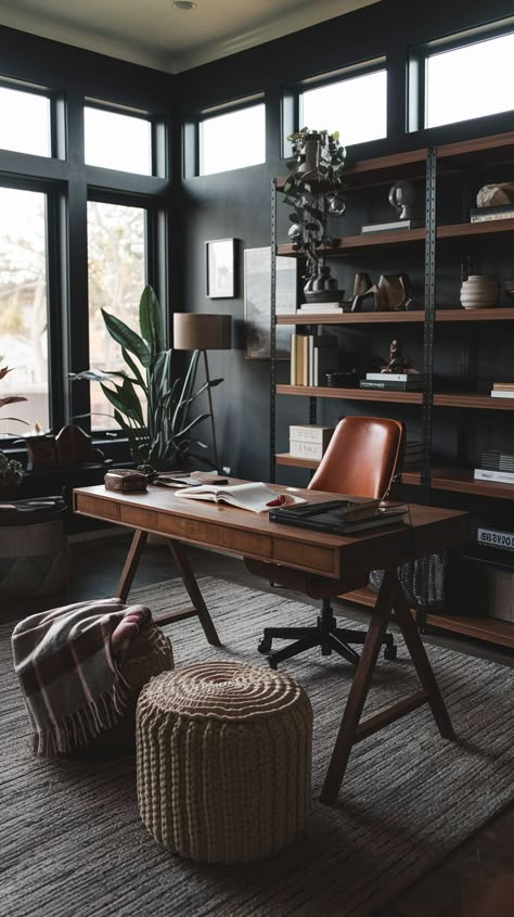 Home Office Writer, Modern Dark Academia Office, Moody Mid Century Modern Office, Mauve Home Office, Dark And Moody Home Office, Modern Moody Office, Manly Office Ideas, Home Office Scandinavian Style, Home Office For Men Workspaces