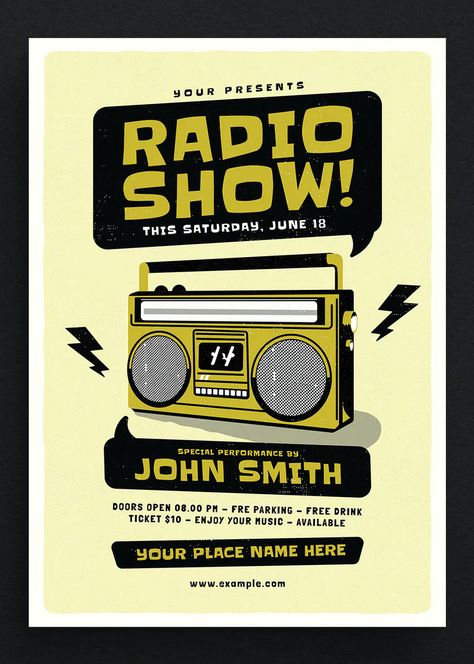 Radio Event Flyer Design PSD, AI Event Poster Design Inspiration, Event Flyer Design, Old School Radio, Fitness Flyer, Radio Design, Flyers Design, Poster Template Design, Church Poster Design, Retro Radio