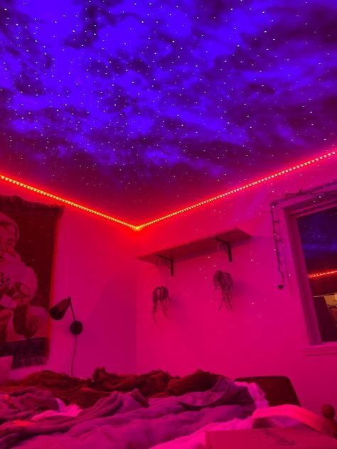 Led Lights And Galaxy Projector Bedroom, Galaxy Light Aesthetic, Led Lights Aesthetic Wallpaper, Dorm Room Ideas Led Lights, Galaxy Lights Bedrooms, Blue Led Lights Aesthetic, Led Light Aesthetic Wallpaper, Led Lights Wallpaper, Skylight Projector