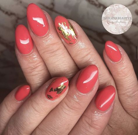 Coral and gold foil gel nails Nail Work, Coral And Gold, Gold Foil, Gel Nails, Foil, Coral, Nails, Gold