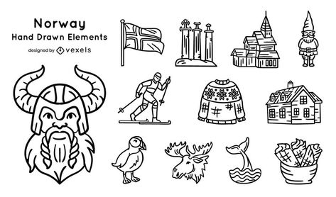 Norway Hand Drawn Elements Pack #AD , #Hand, #Norway, #Elements, #Pack, #Drawn Norway Embroidery, Norway Drawing, Norway Illustration, Moose Animal, Viking People, Norway Viking, Book Graphic, Hand Drawn Elements, City Icon