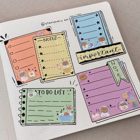 Creative Notes Design, Notebook Notes Ideas, Paper Notes Ideas, Sticky Notes Ideas, Bullet Journal Frames, Handlettering Inspiration, Sticky Notes Book, Doodle Journal, Stationery Pal