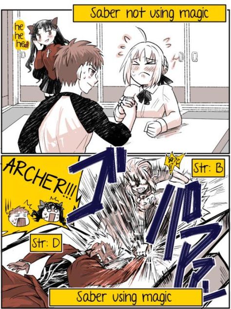 Arm wrestling with your Servants | Fate (Type-Moon) | Know Your Meme Saber X Shirou, Fate Archer, Type Moon Anime, Arm Wrestling, Shirou Emiya, Fate Stay Night Series, Fate Servants, Fate Stay Night Anime, Oh God