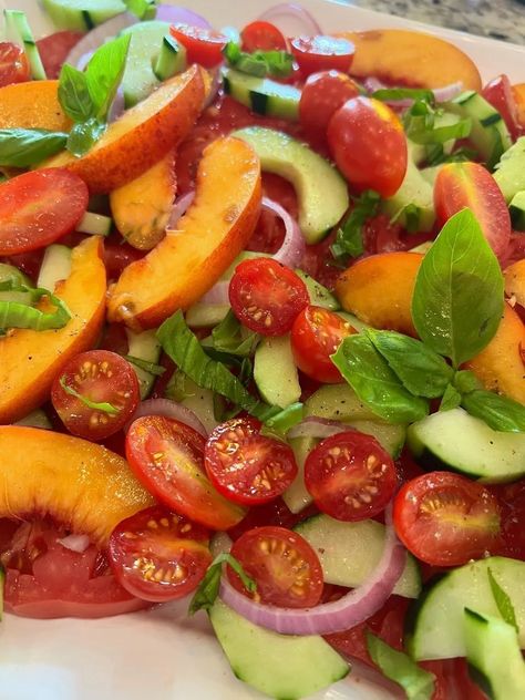 Peach Tomato Cucumber Salad Tomato Recipes Healthy, Tomato Cucumber Salad, Summer Flavors, Fresh Tomato Recipes, Fresh Summer Salad, Tomato Cucumber, Peach Salad, Salad Recipes For Dinner, Peach Recipe