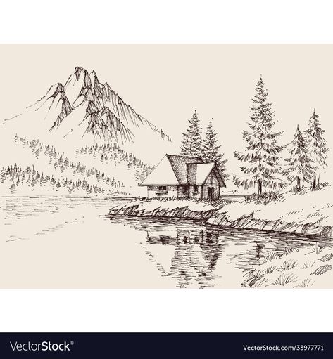 Mountain Refuge, Lake Drawing, House Near Lake, Simple House Drawing, Mountain Sketch, Alpine Landscape, Landscape Pencil Drawings, Landscape Vector, Environment Painting