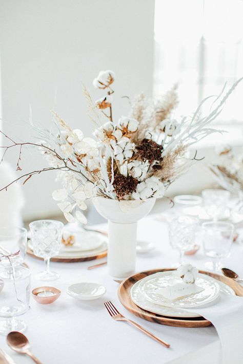 The Hottest Wedding Flower Trend: Dried Flowers | OneFabDay.com Winter Table Decorations, Germany Wedding, Wedding Flower Trends, Industrial Chic Wedding, Dried Flowers Wedding, Tafel Decor, Wedding Furniture, Winter Table, Winter Wedding Inspiration