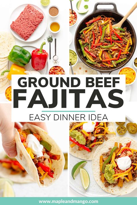 Try these sizzling ground beef fajitas – from stovetop to table in just 30 minutes! This easy ground beef recipe is a quick and satisfying one-pan dinner idea. The perfect weeknight meal but also fun for casual entertaining or Cinco de Mayo as well! Made with ground beef seasoned with a delicious homemade fajita seasoning, tender crisp fajita veggies served with tortillas and all your favorite toppings. Give this easy and delicious fajita recipe with ground beef a try! | www.mapleandmango.com Ground Beef Fajitas, Beef Fajita Recipe, Fajita Veggies, Recipe With Ground Beef, Ground Pork Recipes, Ground Beef Recipe, Homemade Fajita Seasoning, Beef Fajitas, Easy Ground Beef