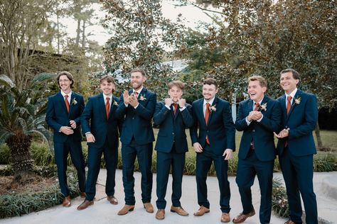 Grooms Men First Look At Bride, Navy Suit With Copper Tie, Navy Tux Fall Wedding, Navy Suit With Rust Tie, Fall Wedding Suit Colors, Blue Suit Fall Wedding, Navy Suit Fall Wedding, Terracotta Wedding Party Groomsmen, Groomsmen Attire Fall Wedding