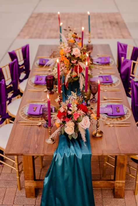 Purple Teal Orange Wedding, Purple Teal And Red Wedding, Centerpiece With Pampas, Modern Boho Chic Wedding, Glam Wedding Reception, Purple And Orange Wedding, Purple Turquoise Wedding, Bohemian Centerpieces, Orange Purple Wedding