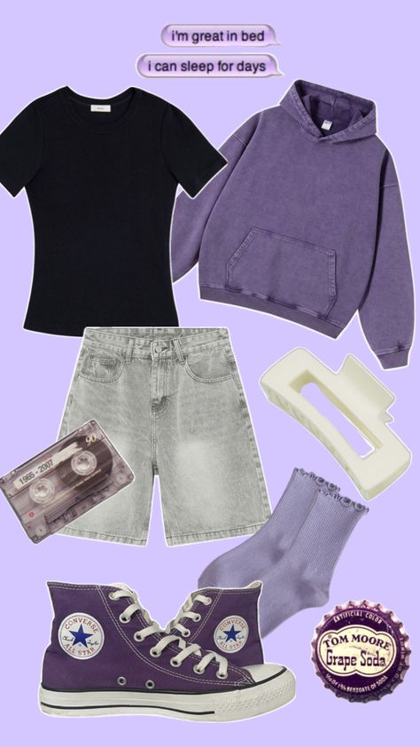 Black Tee Purple Hoodie Light Gray Denim Shorts White HairClip Violet Socks with ruffles Purple Converse Mixtape Grape Soda Purple Shorts Outfit, Socks With Ruffles, Purple Converse, Grey Denim Shorts, Grape Soda, Purple Hoodie, Purple Outfits, Purple Shorts, Shorts White