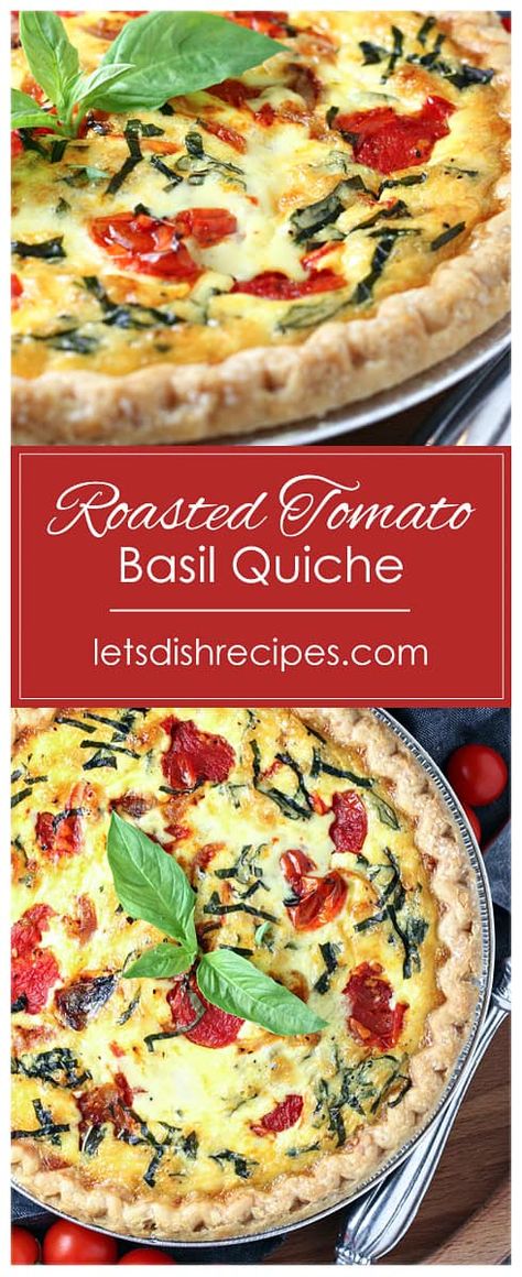 Roasted Tomato Basil Quiche Recipe -- Whether you serve it for breakfast, lunch or dinner, this beautiful, delicious quiche is loaded with summer vegetables and cheese. Vegetable Quiche Recipes Easy, Quiche Vegetable, Tomato Basil Quiche, Basil Quiche, Pie Savory, Vegetable Quiche Recipes, Vegetarian Quiche Recipes, Vegetarian Entree, Vegetarian Quiche