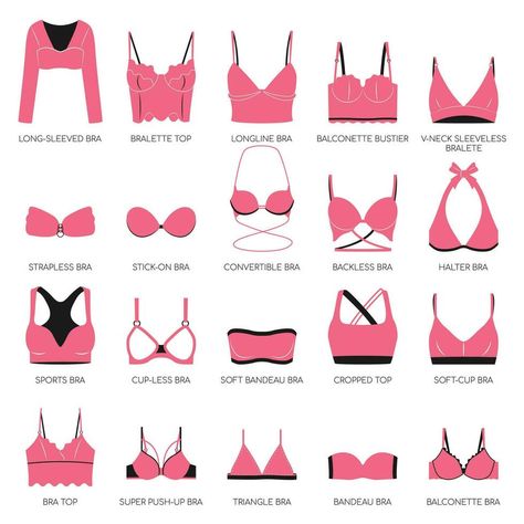 Types of bras. Big vector collection of lingerie. Set of underwear, balconette, strapless, unlined, super push-up, soft-cup, longline, sports and triangle bra. Set of isolated pink icons with bras. Bra Chart, Types Of Bras, Super Push Up, Pink Icons, Wedding People, Beauty Cream, Bra Types, Triangle Bra, Soft Cup