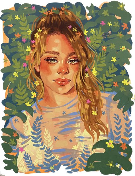 Amina Illustration, Gouache Painting Portrait, Gouache Portrait, Drawing Cartoon Faces, Flowers In Her Hair, Music Illustration, Animal Portraits Art, Characters Inspiration Drawing, Gouache Art