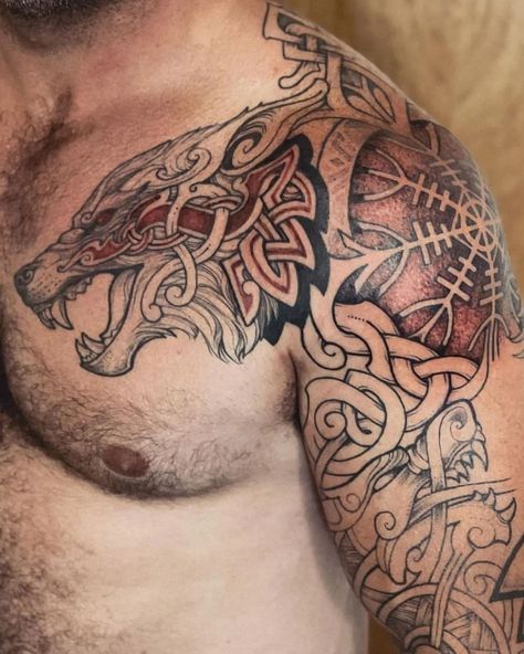 Slavic Dragon Tattoo, Norse Back Tattoo Ideas, Paganism Tattoo, Viking Knotwork Tattoo, Nordic Wolf Tattoo, Fenrir Tattoo Design, Viking Sleeve Tattoo, Viking Wolf Tattoo, Celtic Wolf Tattoo