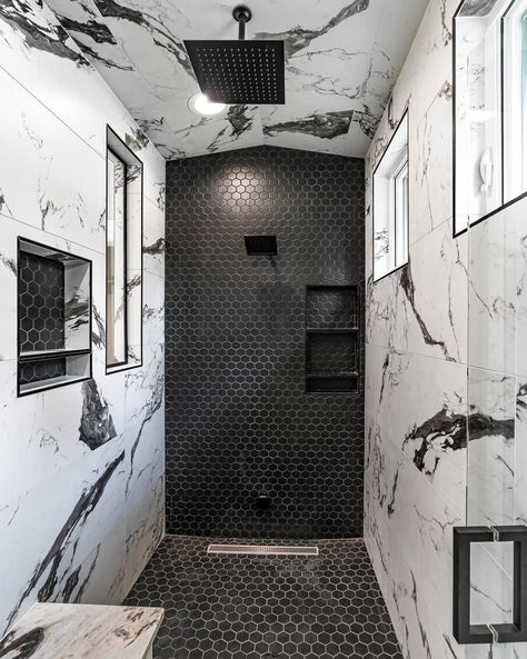 Small Black Hexagon Tile Bathroom, Shower With Black Tile, Walk In Shower With Dark Tile, Black Hexagon Tile Bathroom Floor Master Bath, Black Hexagon Shower Floor, Black Hexagon Tile Bathroom Floor Marble Walls, Modern Farmhouse Bathroom Black Hexagon Tile, Black And White Marble Bathroom, Chinese Bathroom