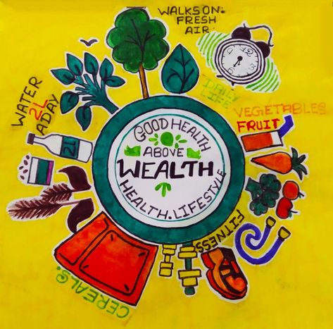 Good Health And Well Being Poster, World Health Day Drawing, Save Food Poster, Health Awareness Poster, Congratulations Images, Earth Drawings, Art Assignments, Awareness Poster, Health Is Wealth