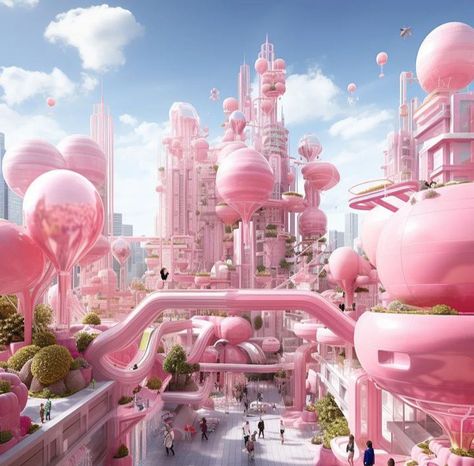 Fantasy barbie world AI Pink Futuristic Aesthetic, Barbie Town, Utopia World, Organic Building, Barbie Land, Pink Rooms, Futuristic Aesthetic, Public Space Design, Pink Palace