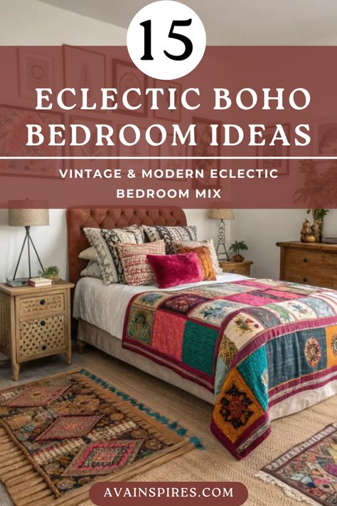 Explore 15 eclectic boho bedroom ideas that blend vintage charm with modern design for a truly unique retreat. From cozy eclectic bedroom accents to dark boho bedroom vibes, these spaces integrate rustic touches like terracotta and sage green with modern home decor styles. Whether you're envisioning an attic bedroom or a cozy, relaxed cottagecore-inspired space, these designs offer inspiring solutions for your next bedroom makeover. Bedroom Decoration Ideas For Couples, Cozy Eclectic Bedroom, Eclectic Boho Bedroom, Modern Eclectic Bedroom, Dark Boho Bedroom, Bedroom Decor Ideas For Women, Bedroom Accents, Cozy Eclectic, Next Bedroom