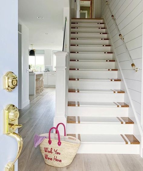 Painted Wood Stairs, White Interior Paint, Beach Home Interiors, Beach House Renovation, House Renovation Projects, Wood Staircase, Faux Shiplap, Stair Case, Painted Stairs