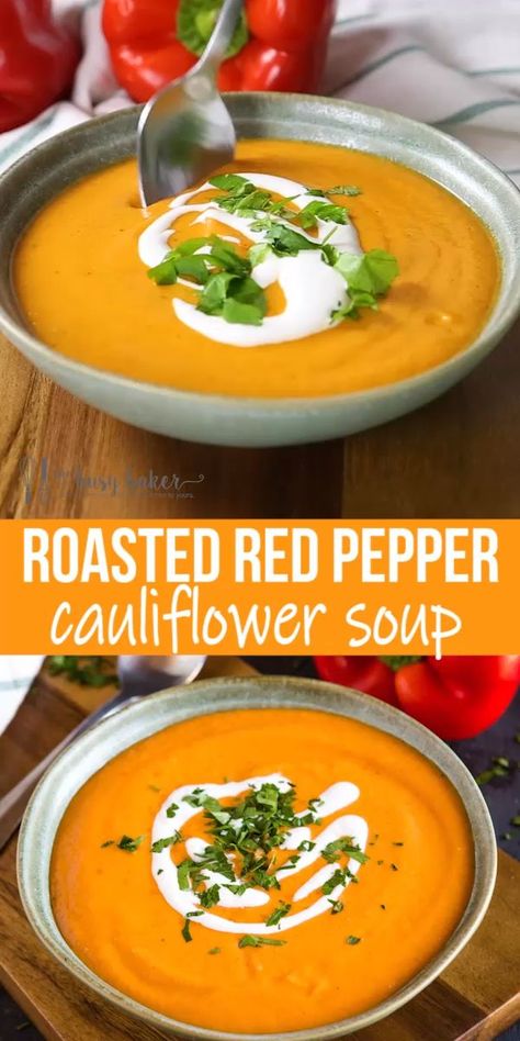 Pasti Fit, Resep Diet, Vegan Soup Recipes, Roasted Red Pepper, India Food, Cauliflower Soup, Easy Soups, Vegan Soup, Idee Pasto Sano