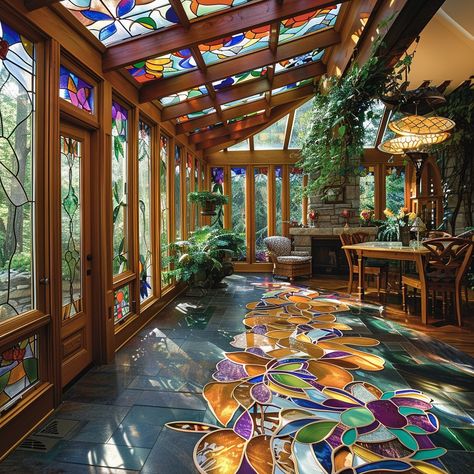 Experience the beauty of our Stained Glass Sunroom—a luminous sanctuary adorned with vibrant panels that dance in the sunlight, creating a tranquil retreat in your home. Conceptual AI Art Follow @ecosapiens for more! Glass Sunroom, House Vibes, Tranquil Retreat, Whimsical Style, Location Inspiration, Cob House, Yard Project, Sunrooms, Art Stained