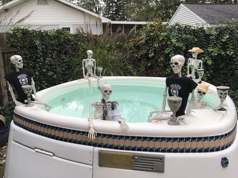 Halloween Hot Tub Ideas, 222 Design, House Pranks, Skeleton Friends, Edit Intros, Skeleton Pics, Halloween Lawn Decorations, Halloween Sleepover, Waiting For Halloween