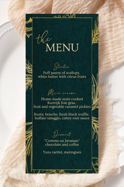 Set the tone for a festive celebration with our Green Gold Christmas Menu Template. Perfect for Christmas parties, holiday dinners, and New Year's celebrations. This editable digital template is a quick and stylish solution for creating a personalized menu. Instantly download and customize to add a touch of sophistication to your festive gatherings. Christmas Drink Menu Design, Holiday Menu Design, New Year Menu Design, Holiday Party Design, Christmas Menu Design, Christmas Menu Template, Green Gold Christmas, Fine Dining Menu, Drink Menu Design