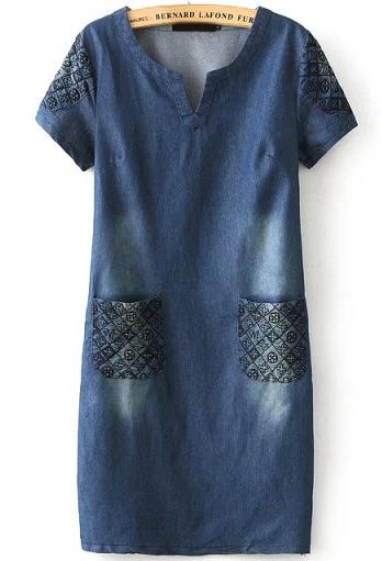 Navy Short Sleeve Bleached Embroidered Denim Dress -SheIn(Sheinside) Denim Dresses Online, Embroidered Denim Dress, Cheap Fashion Dresses, Denim Dresses, Fashion Dresses Online, The Navy, Embroidered Denim, Navy Shorts, Cheap Fashion