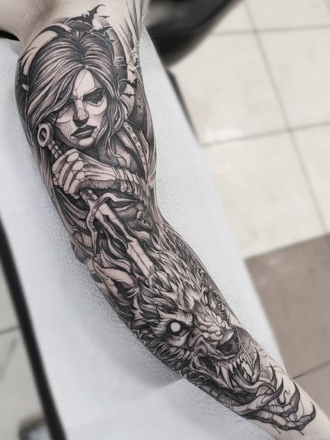 Witcher Tattoo, Fenrir Tattoo, Chicano Tattoos Sleeve, Biomechanical Tattoo, Warrior Tattoos, Fire Tattoo, Egyptian Tattoo, Hand Tattoos For Women, Arm Band Tattoo