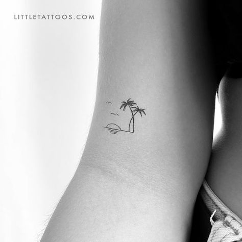 Tropical Sunset Temporary Tattoo - Set of 3 – Little Tattoos Mini Florida Tattoo, Turtle Palm Tree Tattoo, Florida Tattoo Ideas Women Small, Turks And Caicos Tattoo, Wrist Beach Tattoo, Palm Beach Tattoo, Beach Tattoos For Women Small, Tattoos About The Ocean, Vacation Tattoos Small Beach