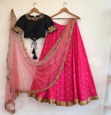 Beautiful pink lehagnga with net dupatta and contrast black blouse....please visit the page if like to order Black And Pink Lehenga, Brocade Lengha, Casual Lehenga, Lahanga Design, Designer Lehanga, Pink Lehenga Choli, Navratri Outfits, Black Combination, Simple Lehenga