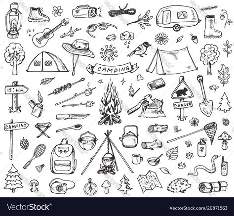 Camping Tattoo, Camping Images, Camping Icons, Doodle Wall, Forest Camping, Adventure Picture, Hiking Tattoo, Flash Tattoo Designs, Greek Tattoos