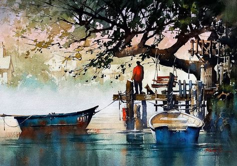 The End of Day - Venice, California. Thomas W Schaller. Watercolor. 14x21 inches - 26 May 2020. Village Watercolour Painting, Kolkata Sketch, Kolkata Painting, Watercolour Composition, Village Watercolor Painting, Thomas W Schaller, Thomas Schaller, Watercolor Indian, Watercolor Scenery