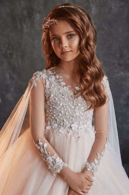 junior bridesmaid, wedding party, hairstyles Flower Girl Gown, Girls Communion Dresses, Holy Communion Dresses, Dress With Cape, First Communion Dresses, Custom Gown, Gowns For Girls, Communion Dresses, Junior Bridesmaid Dresses