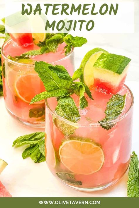 Watermelon Mojito - olivetavern.com Watermelon Mint Cocktail, Watermelon Lime Drink, Fruit Mojito Recipe, Light Cocktail Recipes, Traditional Mojito Recipe, Watermelon Cocktail Recipes, Fresh Fruit Cocktails, Recipes With Fruit Cocktail, Pomegranate Mojito