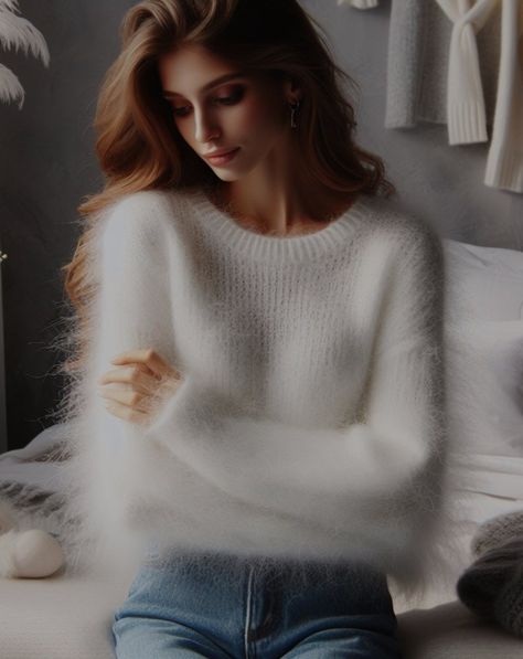 Soft Sweaters, Angora Sweater, Softest Sweater, Round Neck, White, Quick Saves