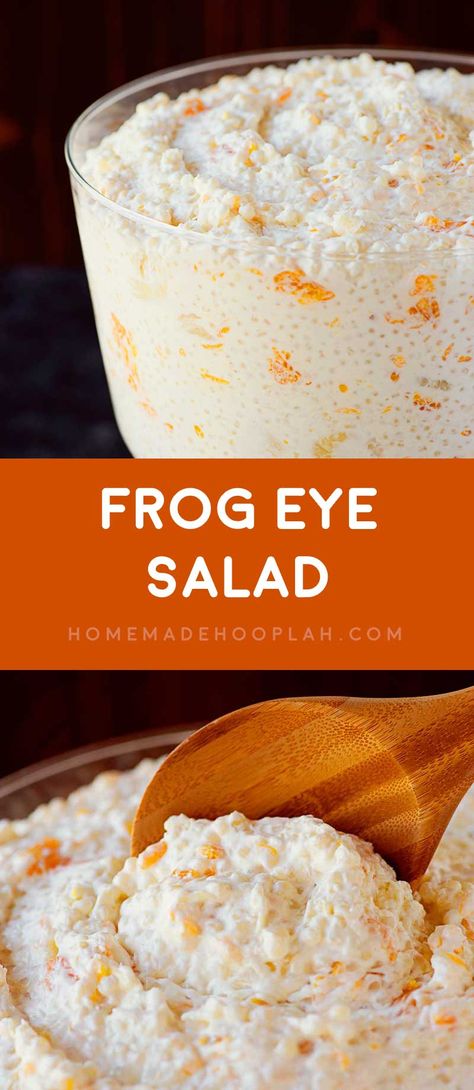 Frog Eye Salad! A creative fruit salad that combines savory acini de pepe pasta, sweet fruit, and a creamy fruit juice custard. A unique treat for all parties or holidays! | HomemadeHooplah.com Creative Fruit Salad, Frog Eye Salad, Frog Eye, Salad Pasta, Sweet Fruit, Jello Recipes, Fruit Dishes, Fruit Salad Recipes, Noodle Salad