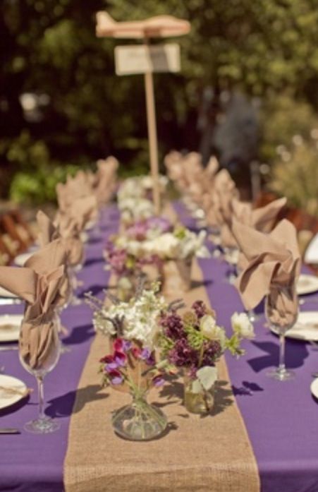 Burlap and purple! Perfect for a spring wedding Burlap Table Settings, Purple Burlap, Table Decorations Diy, Burlap Centerpieces, Purple Tablecloth, Burlap Runner, Burlap Lace Wedding, Purple Wedding Decorations, Burlap Runners