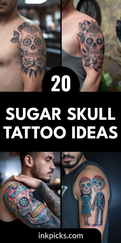 Explore 20 Sugar Skull Tattoo Ideas showcasing stunning designs, including Day of the Dead themes, mosaic styles, and vintage elements, using 4 eye-catching images. Sugar Skull Tattoos For Women, Candy Skull Tattoo, Skull With Crown, Skull Tattoo Ideas, Sugar Skull Tattoo, Explore Tattoo, Skull Designs, Sugar Skull Design, Skull Pin