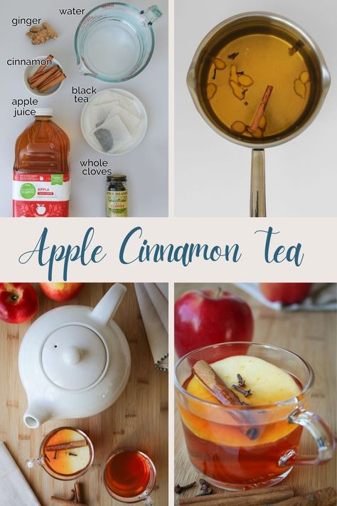 collage of ingredients, process, and serving of cinnamon apple tea. Apple Cinnamon Tea Recipe, Winter Tea Recipe, Cinnamon Tea Recipe, Holiday Hot Drinks, Apple Cinnamon Tea, Nonalcoholic Drink, Homeschool Christmas, Cinnamon Drink, Best Christmas Appetizers