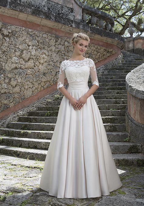 This Grace Kelly inspired ball gown features a beaded Sabrina lace bodice, satin cummerbund, and a full skirt with pockets. The stretch beaded lace jacket completes this refined look. Sincerity Bridal Wedding Dresses, Sincerity Wedding Dress, Wedding Dresses Vintage Princess, Gaun Koktail, Sincerity Bridal, A Line Bridal Gowns, 2016 Wedding Dresses, Trendy Wedding Dresses, Lace Bridal Gown