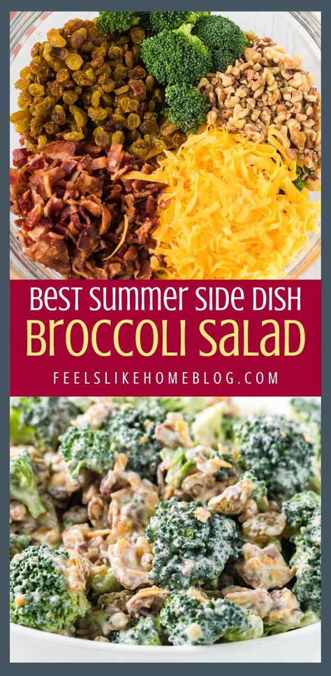 The best simple and easy broccoli salad recipe - This recipe is quick and healthy. Shredded cheddar cheese, golden raisins, walnuts, and bacon give it texture and crunch and make it so interesting. The dressing is creamy and low carb with mayonnaise and Greek yogurt. Best Broccoli Salad, Summer Bbq Side Dishes, Best Broccoli Salad Recipe, The Best Broccoli, Easy Broccoli Salad, Bbq Side Dish, Oven Roasted Sweet Potatoes, Best Broccoli, Broccoli Dishes