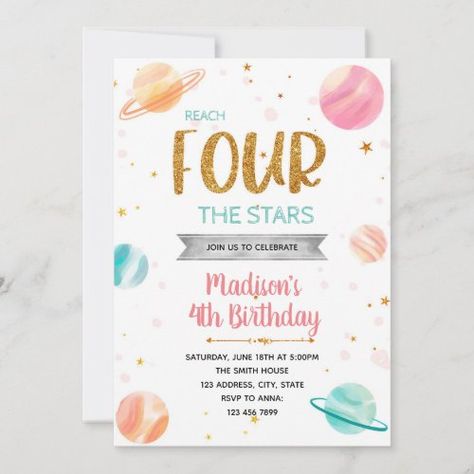 Reach For The Stars Birthday, Stars Invitation, Space Birthday Invitation, Star Galaxy, First Birthday Party Themes, World Party, Reach For The Stars, Space Birthday, Invitation Sizes